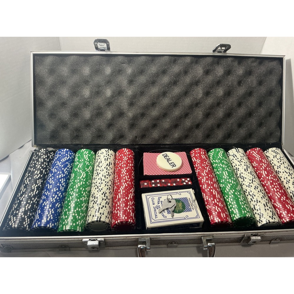 Used Piece Poker Chip Set with Aluminum Case Bee Playing Cards Dice Dealer Butto - Picture 1 of 11